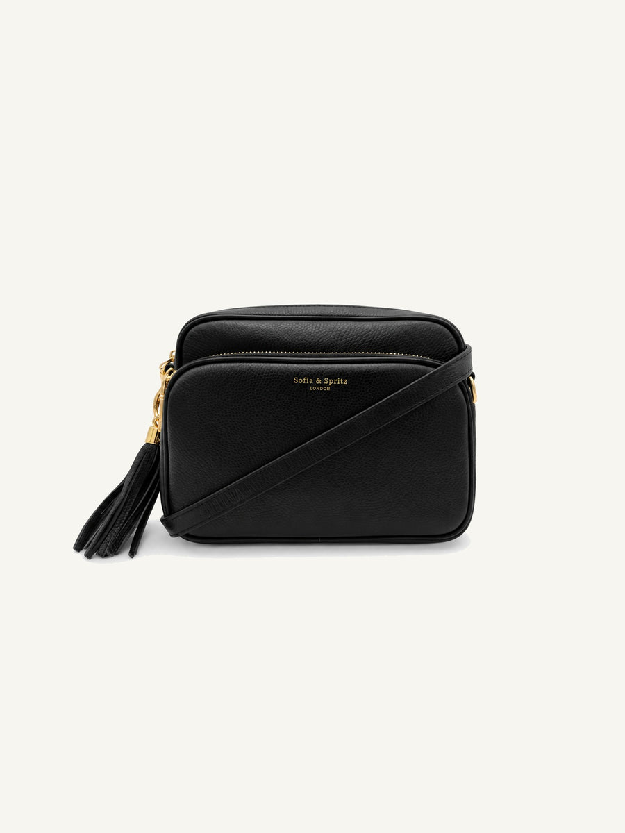 Leather Camera Crossbody Bag - Black