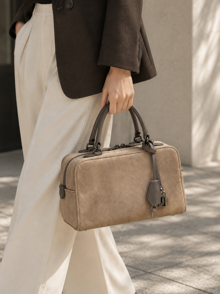 Suede Boston Doctor Bag - Khaki