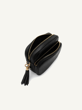 Leather Camera Crossbody Bag - Black